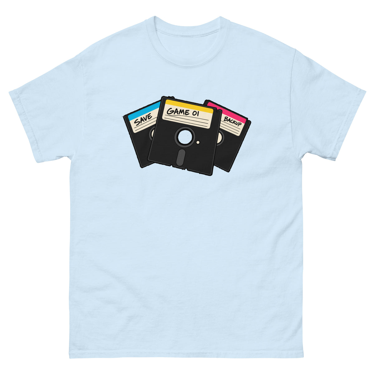 Front of light blue 5.25-Inch Floppy Disk Retro Computer T-Shirt with stacked black disks and colourful labels