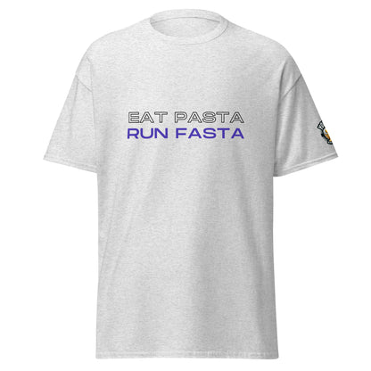 Ash Eat Pasta, Run Fasta running graphic T-shirt, front view