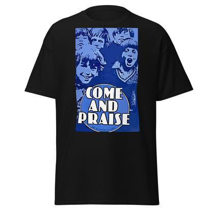 Black Come and Praise retro school nostalgia T-shirt, front view