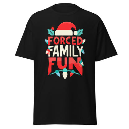 Black Forced Family Fun Christmas T-Shirt, front view