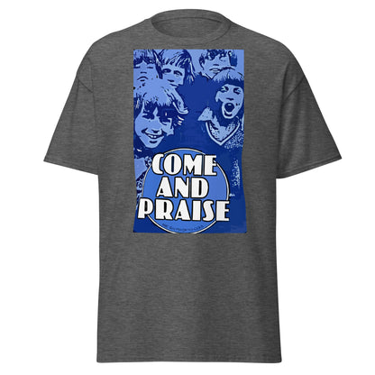 Dark heather Come and Praise retro school nostalgia T-shirt, front view