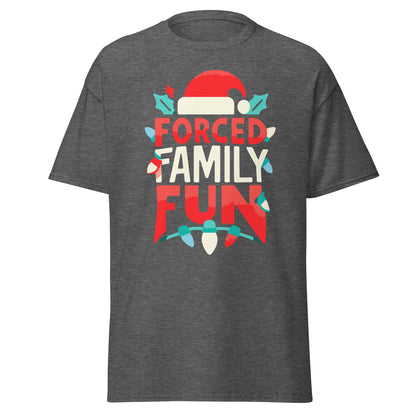 Dark Heather Forced Family Fun Christmas T-Shirt, front view