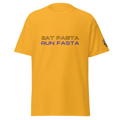 Gold Eat Pasta, Run Fasta running graphic T-shirt, front view