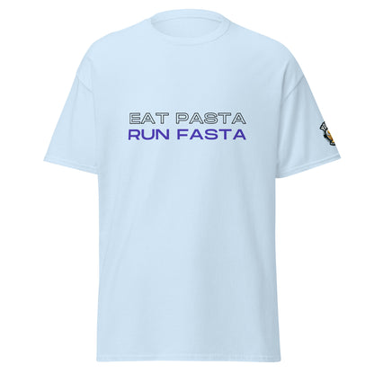 Light blue Eat Pasta, Run Fasta running graphic T-shirt, front view