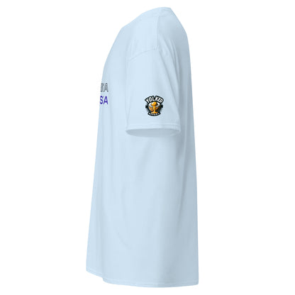 Light blue Eat Pasta, Run Fasta running graphic T-shirt, left sleeve view