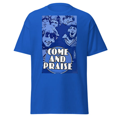 Royal blue Come and Praise retro school nostalgia T-shirt, front view