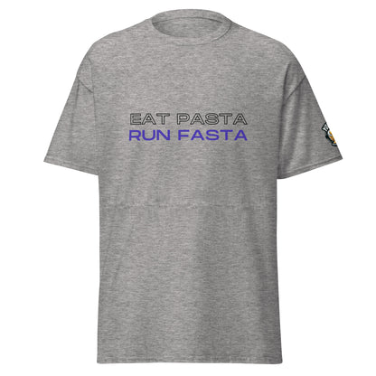 Sport grey Eat Pasta, Run Fasta running graphic T-shirt, front view