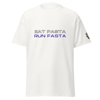 White Eat Pasta, Run Fasta running graphic T-shirt, front view