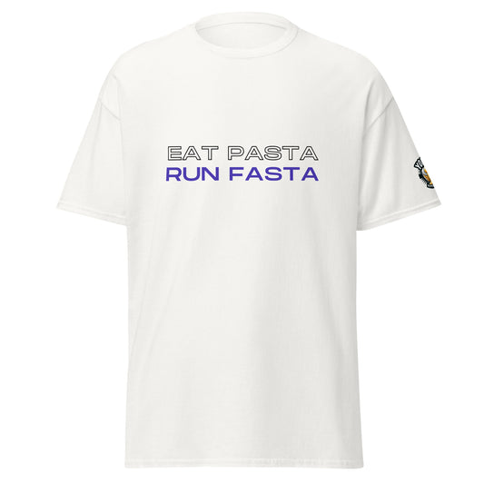 White Eat Pasta, Run Fasta running graphic T-shirt, front view