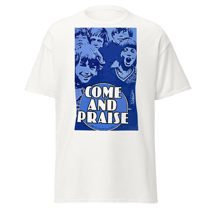 White Come and Praise retro school nostalgia T-shirt, front view