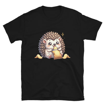 Black Hedgehog Eating Crisps T-Shirt, front view