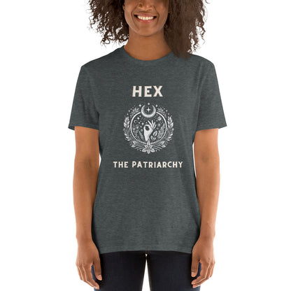 Dark Heather Hex the Patriarchy T-shirt, front view