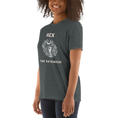 Dark Heather Hex the Patriarchy T-shirt, left front view