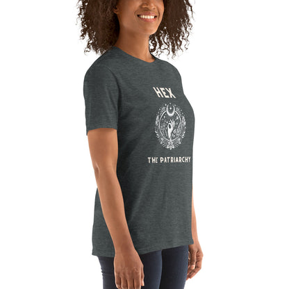 Dark Heather Hex the Patriarchy T-shirt, right front view