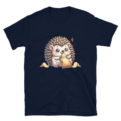 Navy Hedgehog Eating Crisps T-Shirt, front view