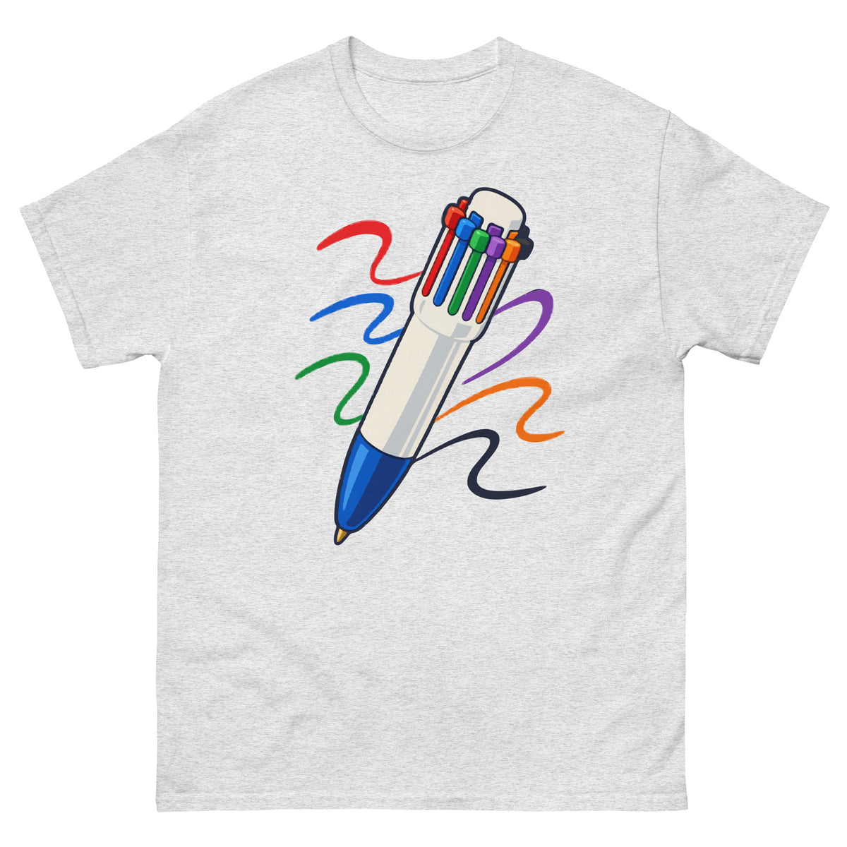 Front of Ash unisex T-shirt showing a multicolour click pen with colourful ink trails
