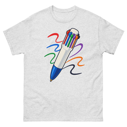 Front of Ash unisex T-shirt showing a multicolour click pen with colourful ink trails