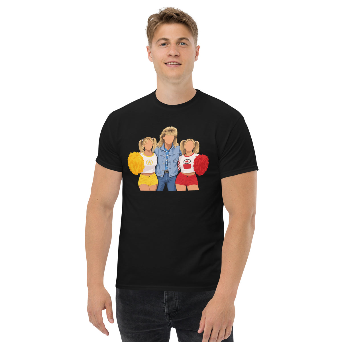 Black YOU KNOW WHO #003 faceless trio graphic T-shirt, worn front mock-up