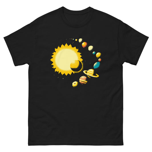 Black unisex T-shirt showing a pixel-style yellow sun and colourful planets, front view