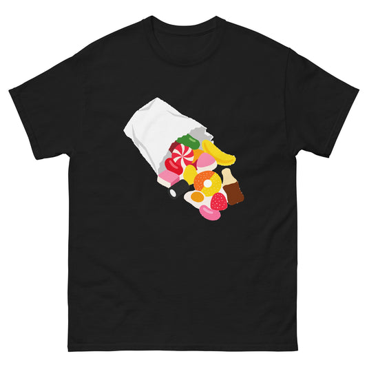 Front of Black unisex T-shirt showing a paper sweet bag spilling colourful pick-and-mix sweets