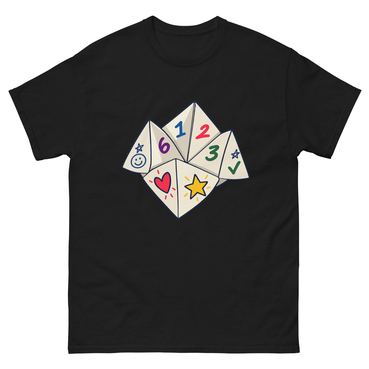 Front of Black unisex T-shirt showing a numbered paper fortune teller with colourful playground doodles