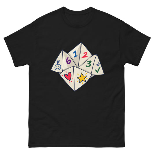 Front of Black unisex T-shirt showing a numbered paper fortune teller with colourful playground doodles