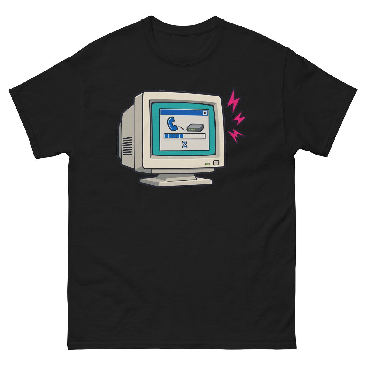 Front of black Dial-Up Internet Retro Computer T-Shirt with a CRT monitor and modem connection window design