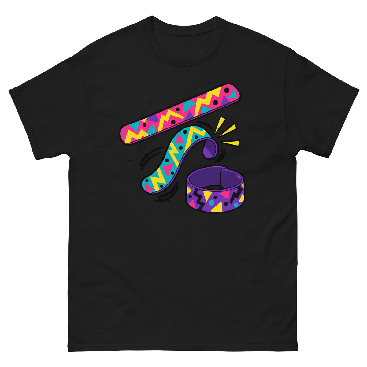 Front of black Slap Bracelet 90s Playground Nostalgia T-Shirt with colourful straight and curling bracelets