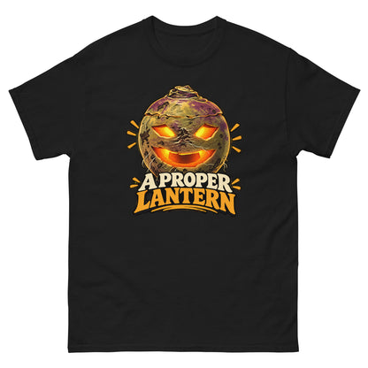 Black unisex T-shirt with a glowing carved turnip lantern and A Proper Lantern lettering, front view