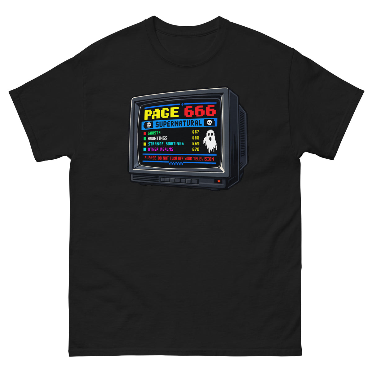 Black unisex T-shirt with a retro television showing the fictional Page 666 supernatural teletext screen, front view