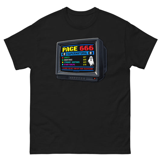 Black unisex T-shirt with a retro television showing the fictional Page 666 supernatural teletext screen, front view