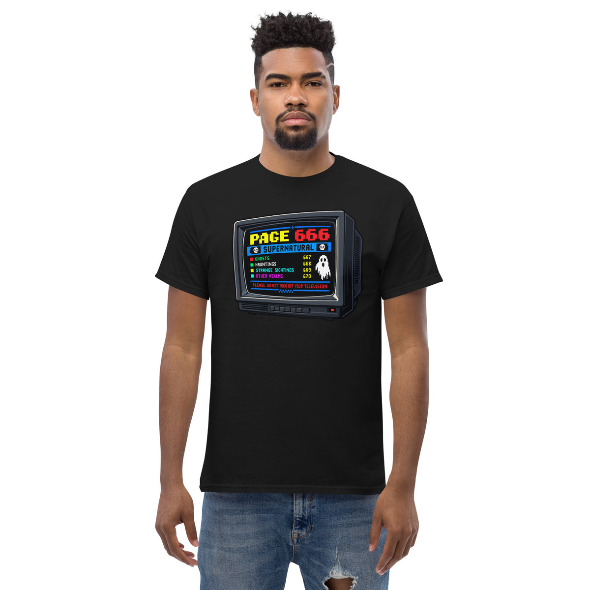Black unisex T-shirt with a retro television showing the fictional Page 666 supernatural teletext screen, front view, worn by a model