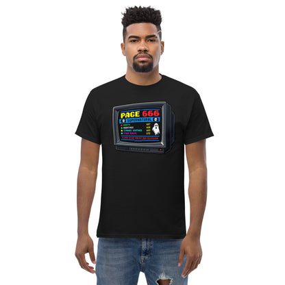 Black unisex T-shirt with a retro television showing the fictional Page 666 supernatural teletext screen, front view, worn by a model