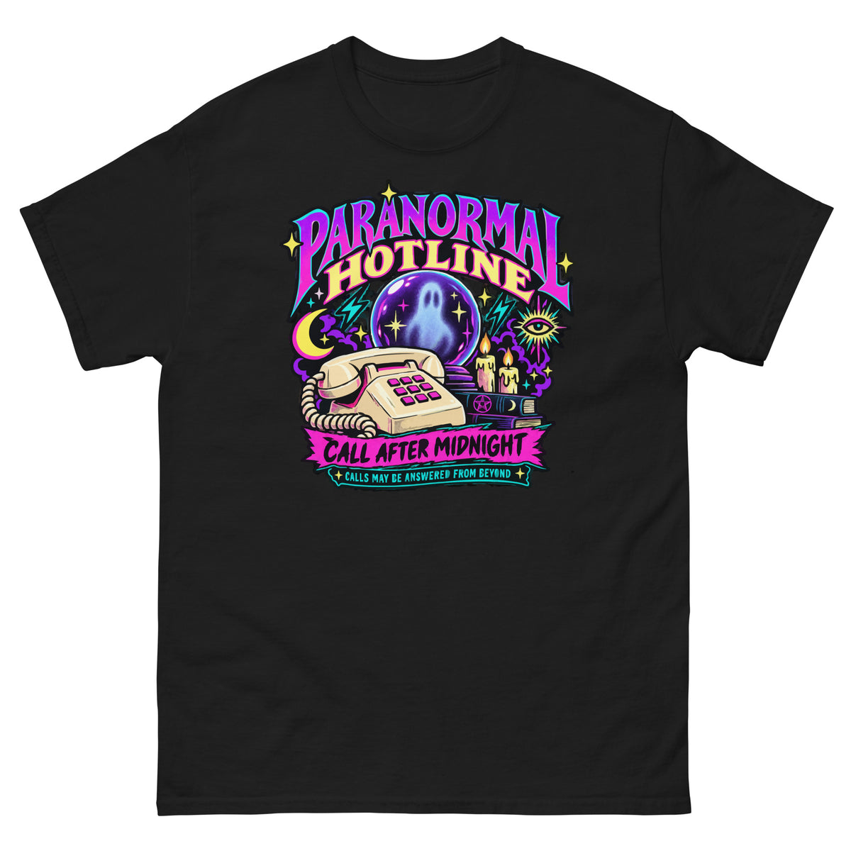 Black unisex T-shirt with a neon Paranormal Hotline graphic, telephone, ghostly crystal ball and Call After Midnight lettering, front view