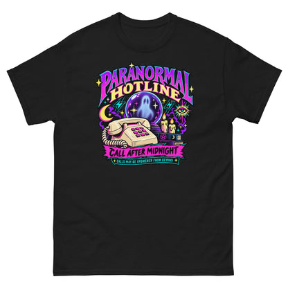 Black unisex T-shirt with a neon Paranormal Hotline graphic, telephone, ghostly crystal ball and Call After Midnight lettering, front view