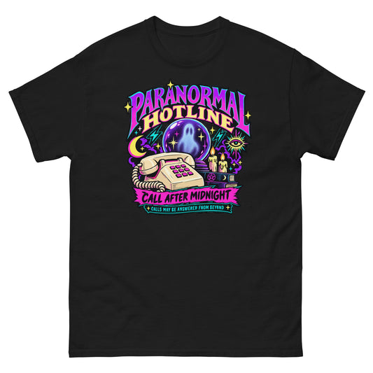Black unisex T-shirt with a neon Paranormal Hotline graphic, telephone, ghostly crystal ball and Call After Midnight lettering, front view