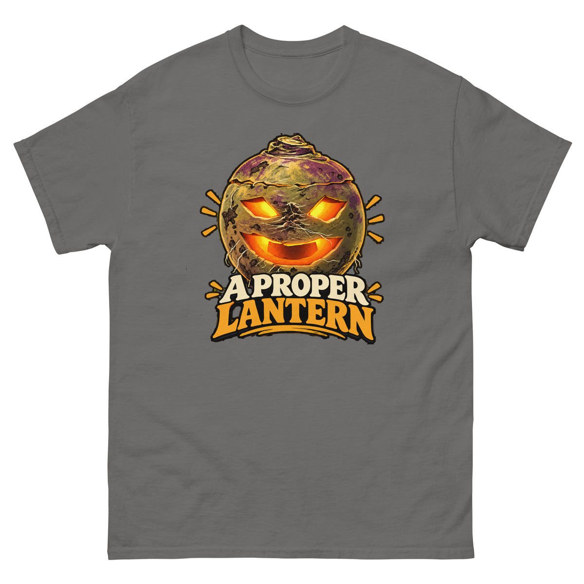 Charcoal unisex T-shirt with a glowing carved turnip lantern and A Proper Lantern lettering, front view