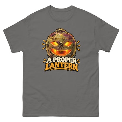 Charcoal unisex T-shirt with a glowing carved turnip lantern and A Proper Lantern lettering, front view