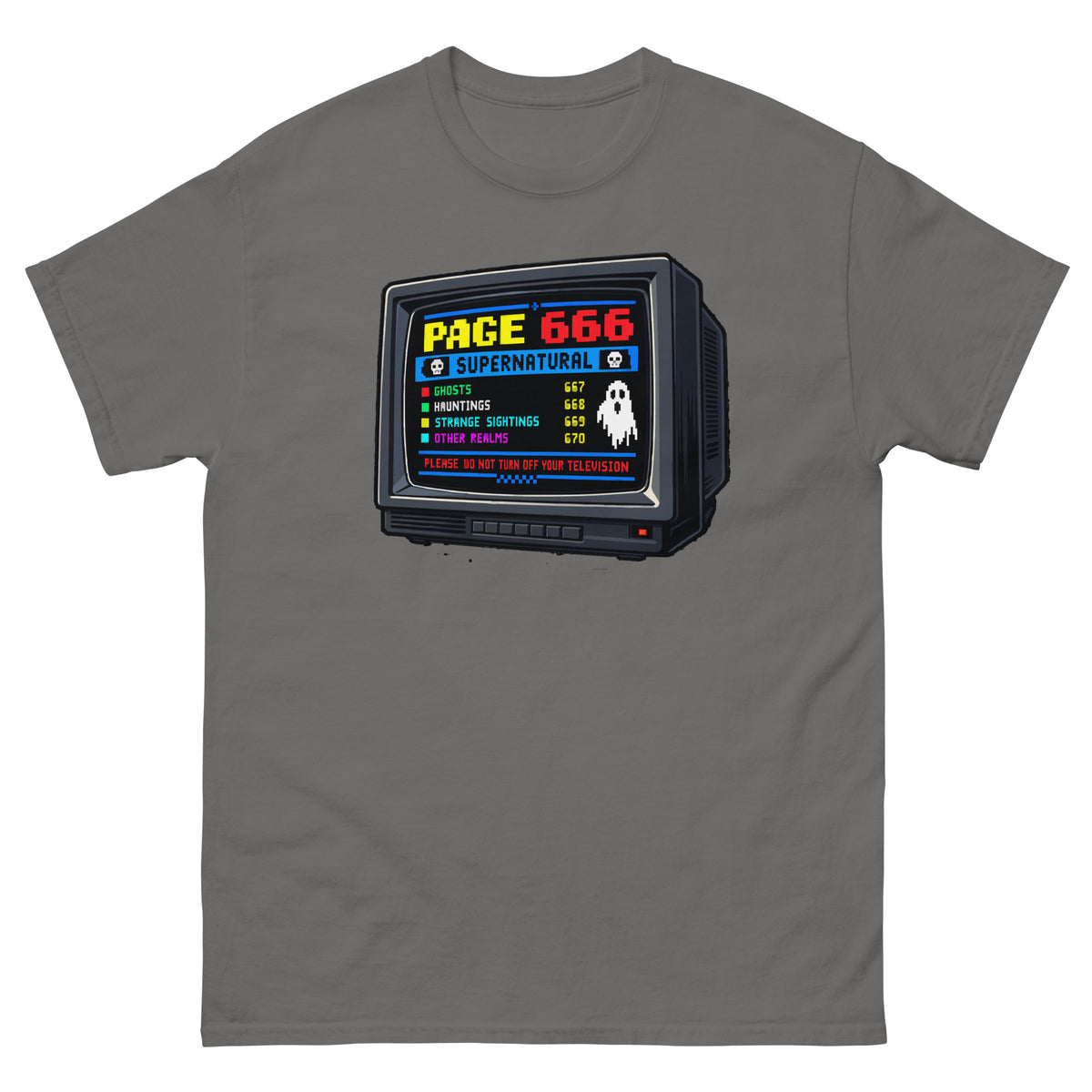 Charcoal unisex T-shirt with a retro television showing the fictional Page 666 supernatural teletext screen, front view