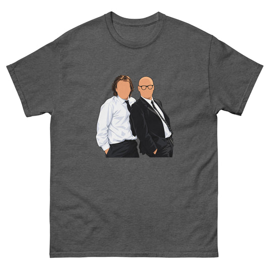 Dark Heather YOU KNOW WHO #001 faceless duo graphic T-shirt, front mock-up