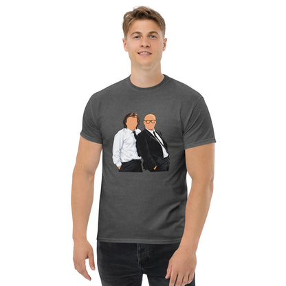 Dark Heather YOU KNOW WHO #001 faceless duo graphic T-shirt, worn front mock-up
