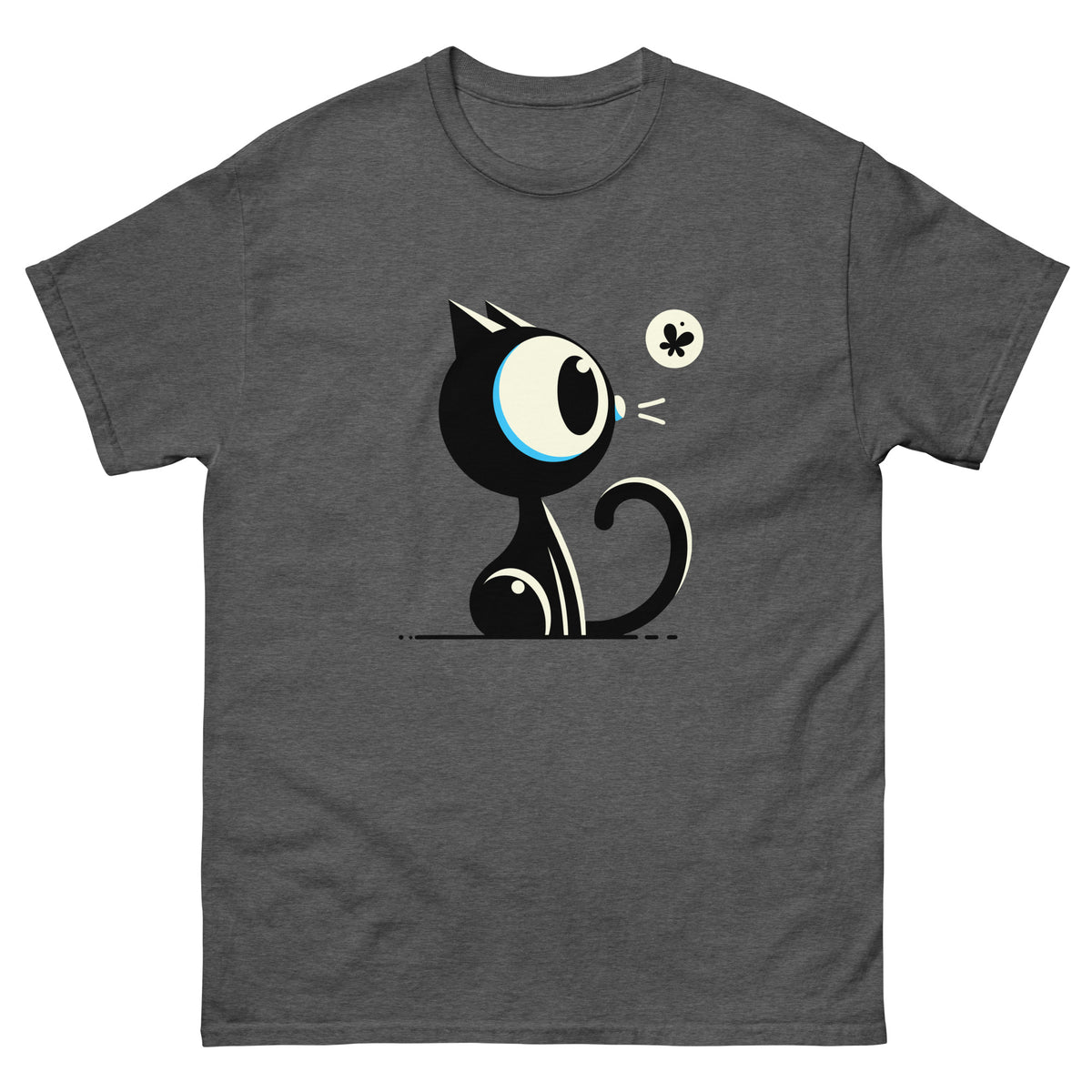 Dark Heather unisex T-shirt showing a wide-eyed black cartoon cat watching a moth, front view