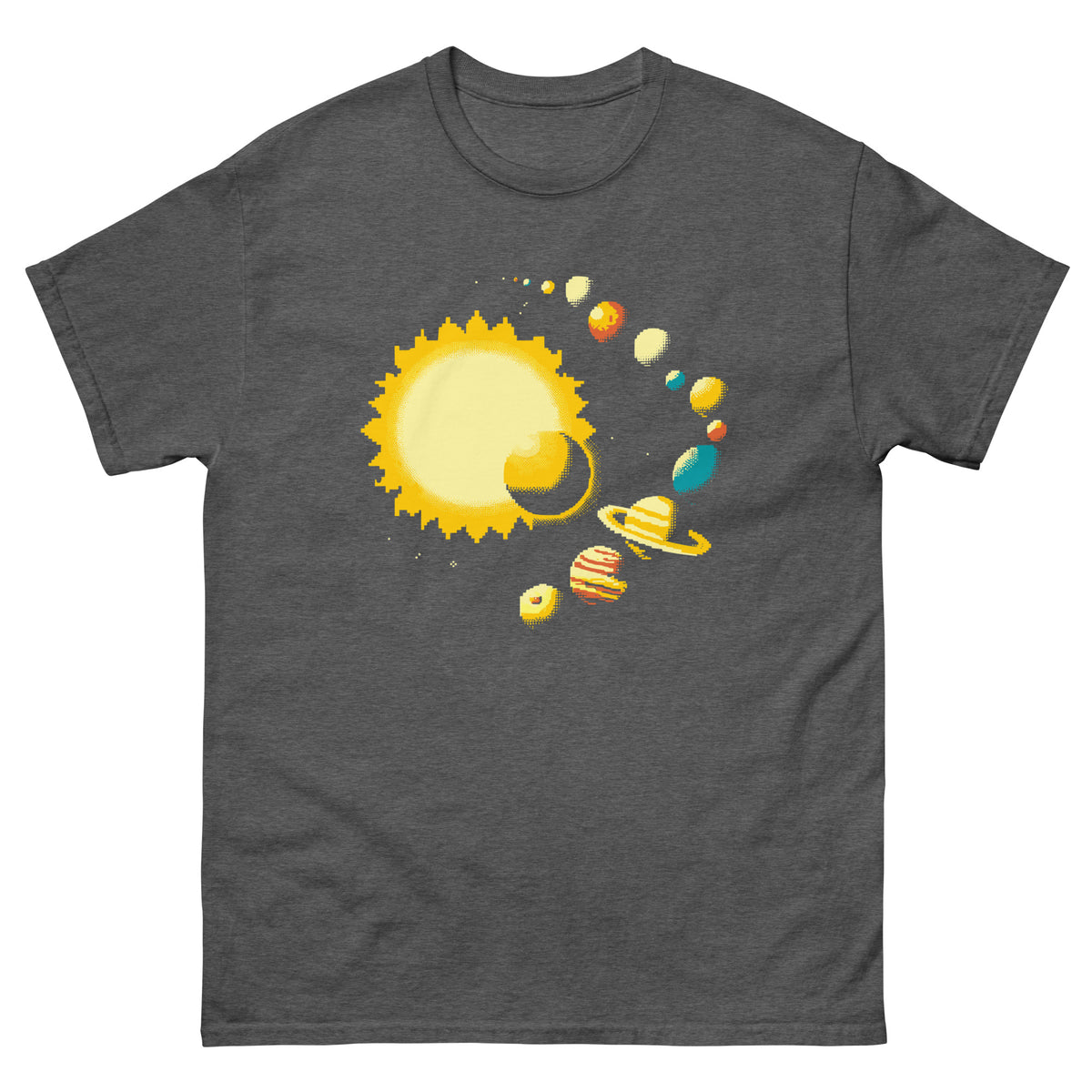 Dark Heather unisex T-shirt showing a pixel-style yellow sun and colourful planets, front view