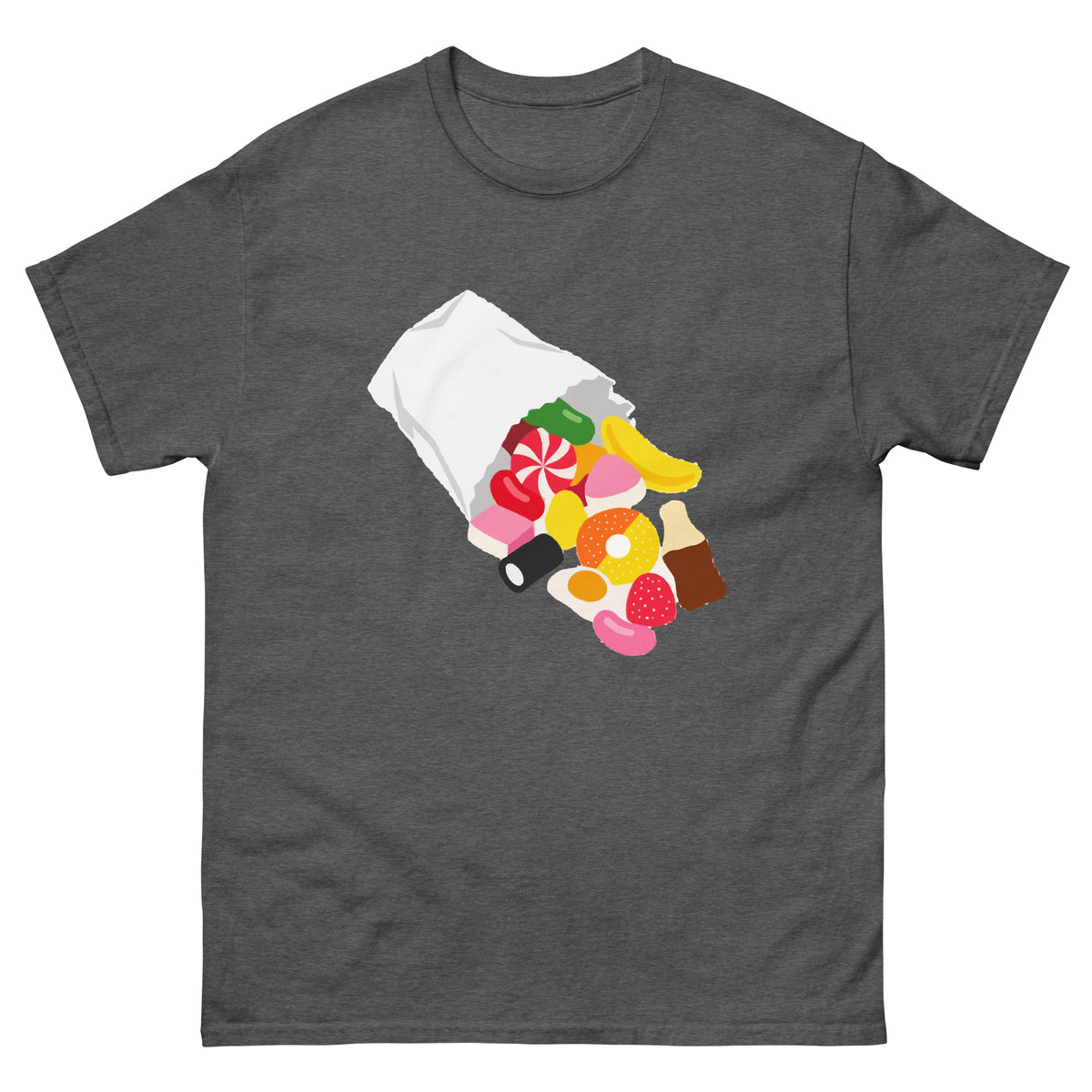 Front of Dark Heather unisex T-shirt showing a paper sweet bag spilling colourful pick-and-mix sweets