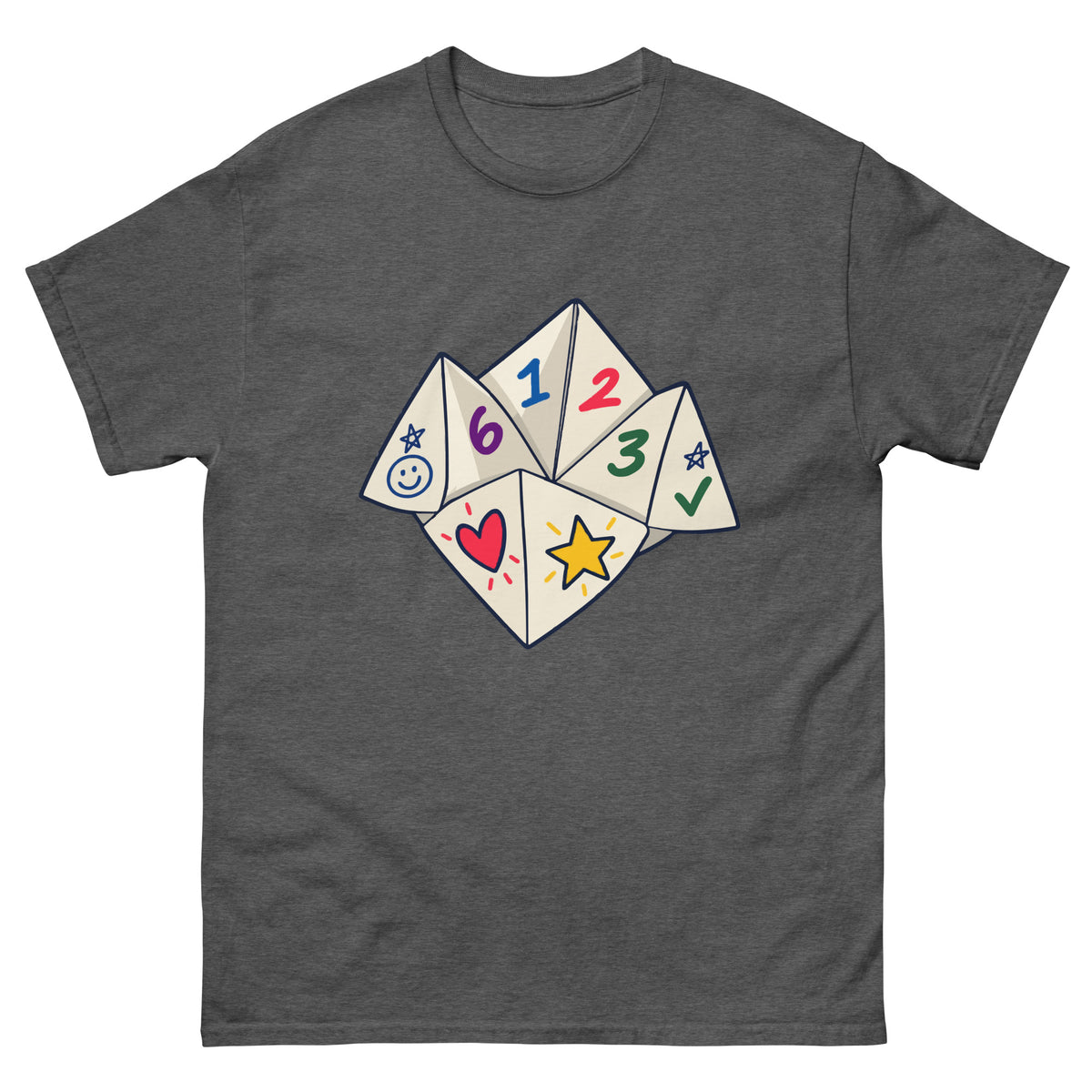 Front of Dark Heather unisex T-shirt showing a numbered paper fortune teller with colourful playground doodles