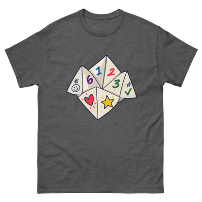 Front of Dark Heather unisex T-shirt showing a numbered paper fortune teller with colourful playground doodles