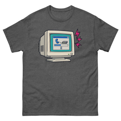 Front of dark heather Dial-Up Internet Retro Computer T-Shirt with a CRT monitor and modem connection window design