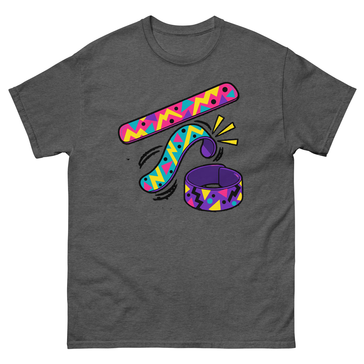 Front of dark heather Slap Bracelet 90s Playground Nostalgia T-Shirt with colourful straight and curling bracelets