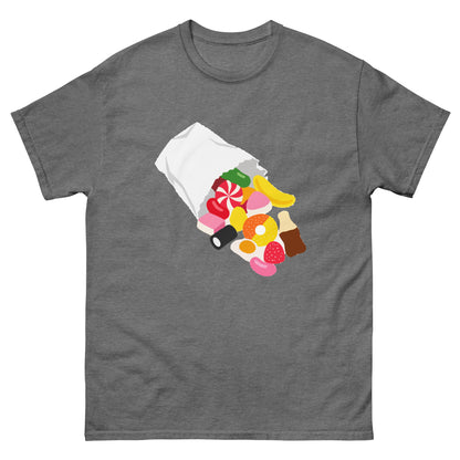 Front of Graphite Heather unisex T-shirt showing a paper sweet bag spilling colourful pick-and-mix sweets
