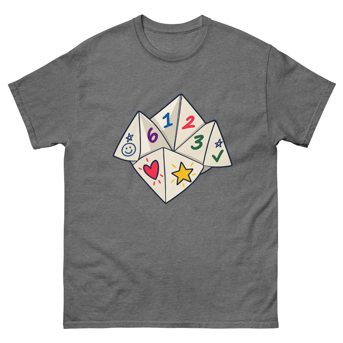 Front of Graphite Heather unisex T-shirt showing a numbered paper fortune teller with colourful playground doodles